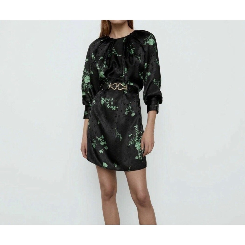 Zara Black Green Floral Jacquard Mini Dress Belted Long Sleeve Size M NWT